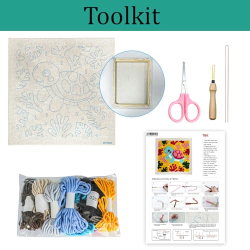 ZuoAnLF Punch Needle Kit with Hoop for Beginners, DIY Handmade Punch Needle Set with Yarn and Pattern Fabric, Relaxing Craft Activity for Adults and Teens, Home Décor & Gift Idea (Turtle) - color: Turtle