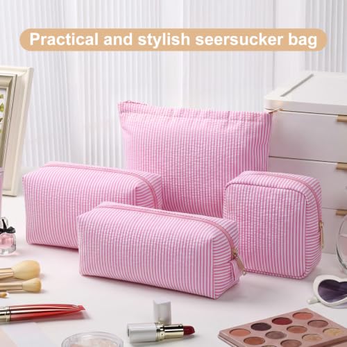 Sanwuta 4 Pcs Seersucker Pouch Striped Makeup Bag Set, Light Pink - color: Light Pink