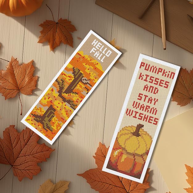 INFUNLY 6pcs/Set Thanksgiving Cross Stitch Bookmarks Kit Fall Leaves Book DIY Stamped Embroidery Bookmark Vintage Pumpkin Handmade Cross Stitch Bookmarks with Backing Felt Instruction for Book Lover - style: Thanksgiving