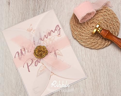 Ribbli Blush Pink Ribbon 1 Inch x 3 Rolls Total 24 Yards Pink Handmade Fringe Chiffon Silk Ribbon for Wrapping Wedding Invitations Bridal Bouquets DIY Crafts Home Decor - color: Blush Pink