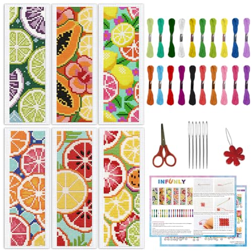 INFUNLY 6Pcs Lemon Cross Stitch Bookmark Kit 3x8.5 Inch/7.6x21.6cm Stamped Embroidery Starter Set with 20 Color Floss Cotton Linen DIY Needlepoint Bookmark for Book Lovers Gift, Colorful - style: Lemon
