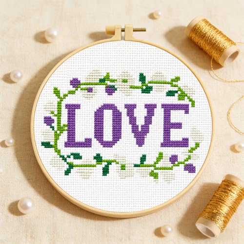 Zhenqing Love Word Cross Stitch Kit for Beginners, 11CT Printed 20x20cm with 16cm Hoop, Purple & Floral Embroidery Set(70835) - color: LOVE
