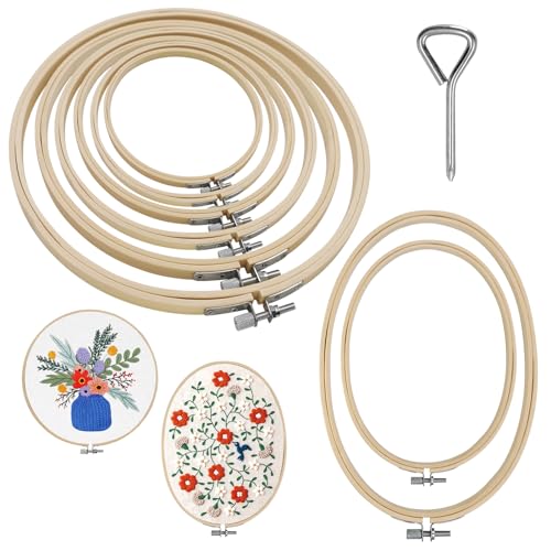 SNAIL GARDEN Round & Oval Bamboo Embroidery Hoop Set - with Screwdriver , 8 Sizes Embroidery Frame (3"-10") , Cross Stitch Hoops for Hand Embroidery, Craft Sewing & DIY Art Projects
