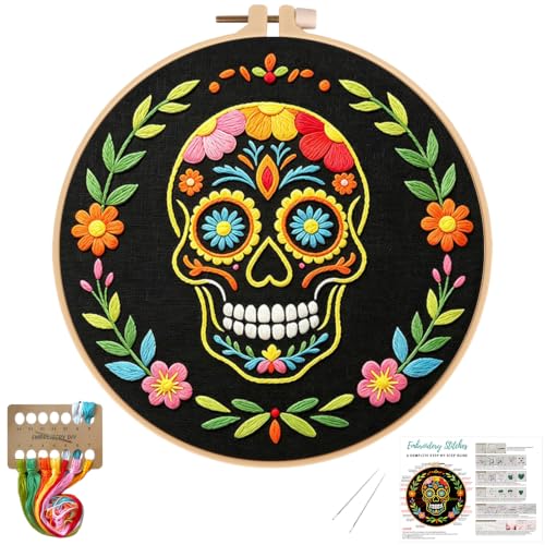 Nuberlic Sugar Skull Embroidery Kit for Beginners Adults Stamped Needlework - color: Sugar Skull