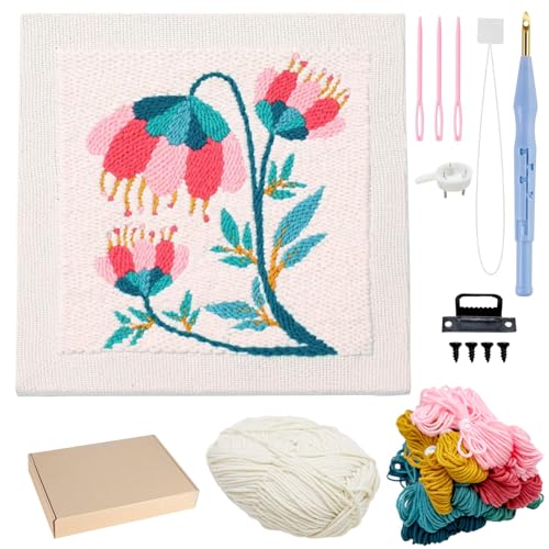 Allazone Punch Needle Kit Frame, Punch Needle Embroidery Kits, Square Punch Needle Fabric with Flower Pattern, Hoop, Yarns, Punch Needle (Beige and Pink) - color: Beige and Pink