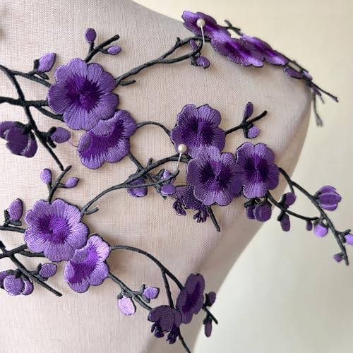2pcs Iron on Plum Flower Applique Purple Color Embroidery Vine of Floral for Clothing,Costumes - color: Purple
