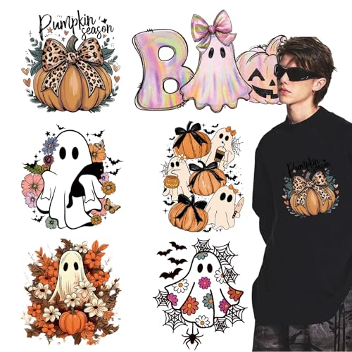 Halloween Heat Transfer Iron on Patches,6 Sheets Cute Ghost with Flower Designs Vinyl Heat Transfer Applique Decal Halloween Iron on Transfers Cartoon for Women&Men T-Shirt Pillow Canvas Bag DIY Decor - size: S5