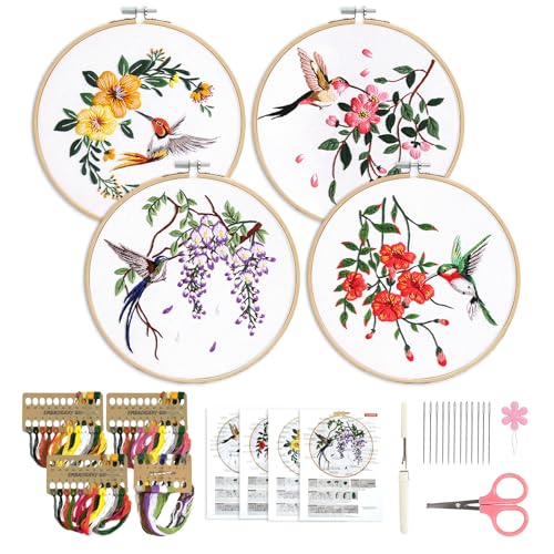 Esoes 4 Pack Embroidery kit for Beginners, Hummingbird and Flower Cross Stitch Kits with Clear Instructions,1 Embroidery Hoops,Stamped Patterns,Colorful Threads & Tools, Gifts for Crafters