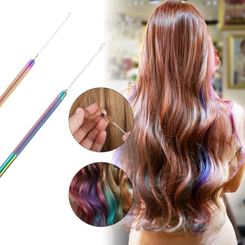 2 Pcs Hair Tinsel Tool, Hair Extensions Loop Needle Pulling Hook Tool, Micro Needle Threader Wire Pulling Loop Hook Tools for Silicone MicroLink Beads Rings and Feathers Extensions