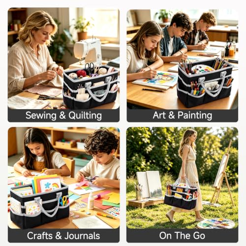 Craft Organizer Tote Bag, Art Supply Storage Bag for Art Supplies - color: Black & Gray (6.5"D x 13"W x 8.5"H)
