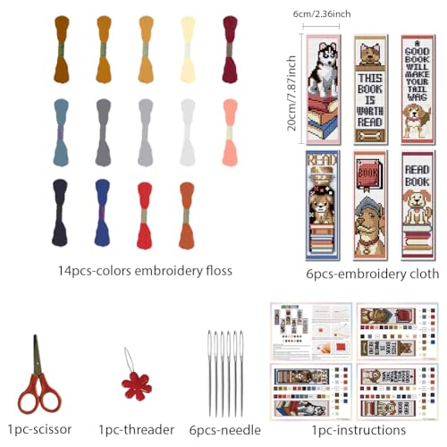 FREEBLOSS 6 Set Cross Stitch Bookmark Kits 11CT 8"x2.4" Books - style: Dog&Books