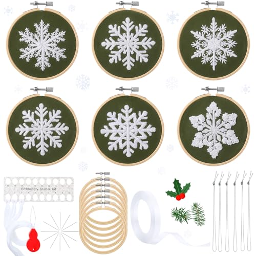 Roowest 6 Sets Christmas Embroidery Kits Snowflake Ornament DIY,Green - color: Green