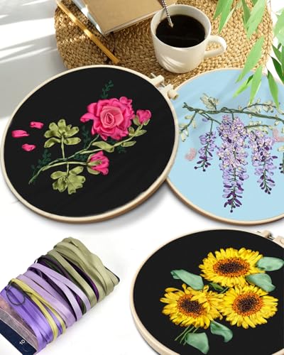 TINDTOP Embroidery Kit for Adult, Ribbon Embroidery Kit for Beginners - color: FLowers(Silk Ribbon Embroidery)