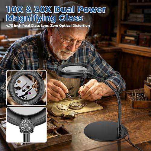 30X 10X Magnifying Glass with Light and Stand, 90 LED 5-Color Dimmable - size: Round