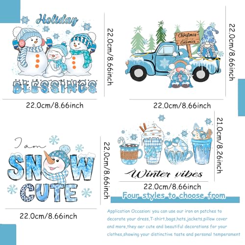 4PCS Christmas Iron on Patches Baby Blue Theme Ready to Press Decal Cute Snowman Santa Dwarf Car Design Heat Transfer Vinyl HTV Decals Xmas Iron on Transfer Stickers for Clothes T-Shirt DIY Craft - color: R