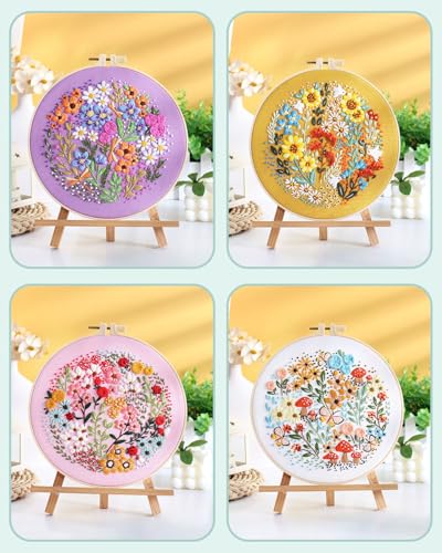 ERKOON 4 Sets Embroidery Kit for Beginners,Hummingbird and Flower Cross Stitch Set for Include Embroidery Cloth Hoops Threads for Craft Lover Hand Stitch (Flower) - color: Flower