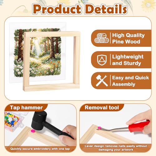12pcs Stretcher Bars for Needlework, 3 Sizes Wooden Canvas Needlepoint Stretcher Bars with 100 Thumb Tacks, Hammer, Pry Tool for Needlepoint Embroidery Stitch Frame Set Bundle with Crafts - size: Small - 6 8 10 inch
