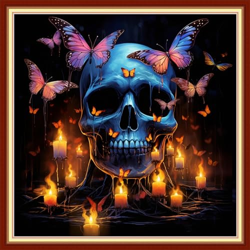 Disxvivy Cross Stitch Stamped Full Embroidery Kits DIY 11CT Cotton Thread Printed DIY Needlepoint Kits Craft Needlework Set Cross-Stitch Stamped Sets-Skeleton Butterfly 18x18 inch - color: Artstyle21