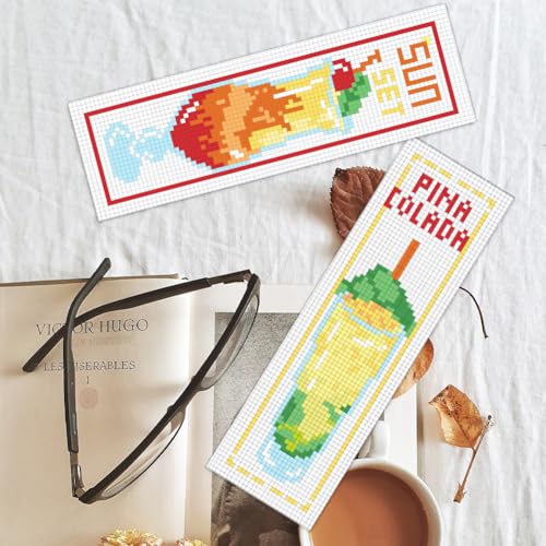 BEUNITONE 6 Pcs Summer Cross Stitch Bookmark Kits for Beginners Cocktail Sun Set Text Pattern Counted Cross Stitch DIY Stamped Embroidery Kits with Instructions for Book Lover Reader Writer 8''x2.4'' - style: Cocktail