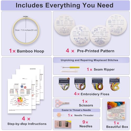 VIVIDOX 4 Sets Embroidery Kit for Beginners with Stitch Video, Cross Stitch Kits for Adults, Hand Craft Lover, Starters Easy Practice with Stamped Pattern, Hoop, Needles, Scissors, Tools & Instruction - color: Beginner Kit (with 1 Hoop)