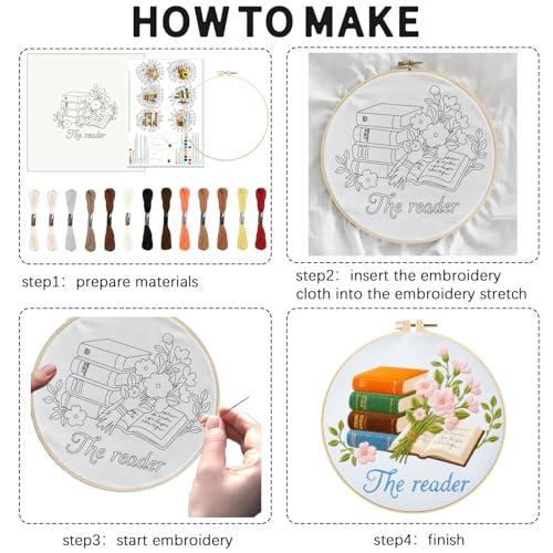 INFUNLY 6 PCS Book and Flower Embroidery Kits for Beginners DIY Cross Stitch Starter Sets for Adults with Instructions Book Cacti Pattern Birds Needlepoint Kits with Embroidery Cloth Hoops Tools