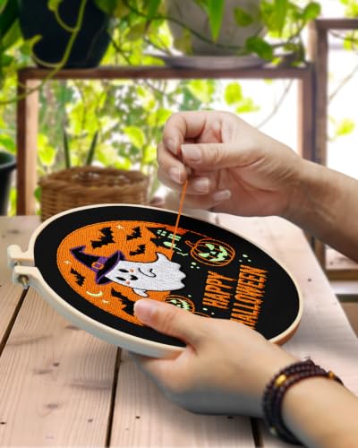 TINDTOP Halloween Embroidery Kit for Adult, Embroidery DIY Starter Kit, with Stamped Patterns, Hoop, Tools, Colorful Threads with Needles, Instructions (Halloween B) - color: Halloween B