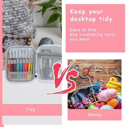 Katech Crochet Hooks Case Empty Zipper Bags Portable Travel Crochet Storage Bag Organizer with Web Pocket and Crochet Holder Slots for Carrying Various Crochets Needles (Pink) - color: Pink Cat