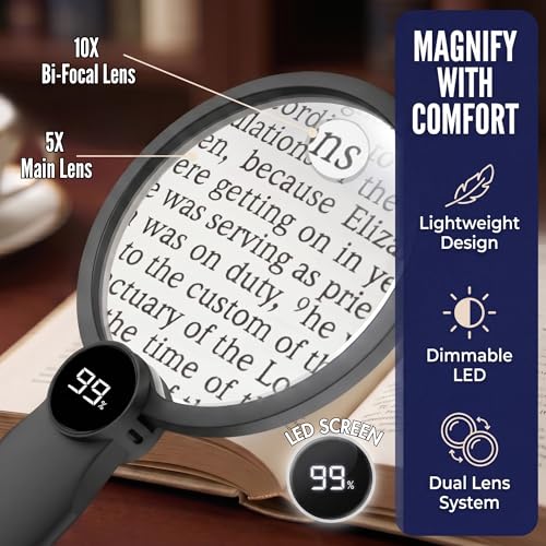 MAGNIPROS Hands-Free Magnifying Glass with Light for Seniors, 5X/10X Rechargeable GooseNeck Magnifier, 3 Color Light Modes, LCD Display, Reading, Sewing, Crafts