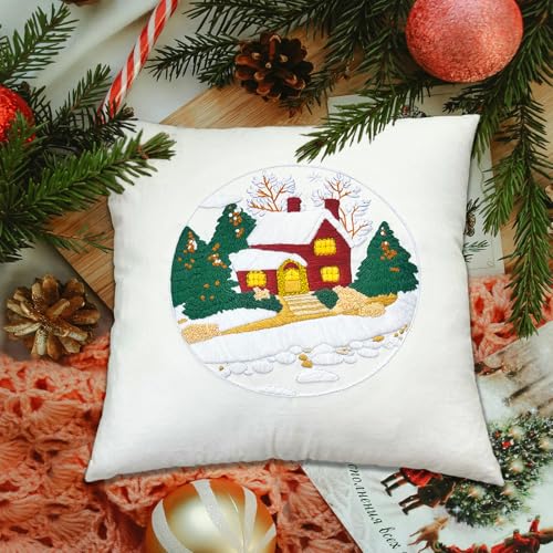 FONNUY Christmas Embroidery Kit for Beginners, Throw Pillow Case Cross Stitch Set Winter Snow House Holly Tree Pattern for Adults, Hand Works Crafts Throw Pillow Cover, 18 x 18'' (White) - color: White