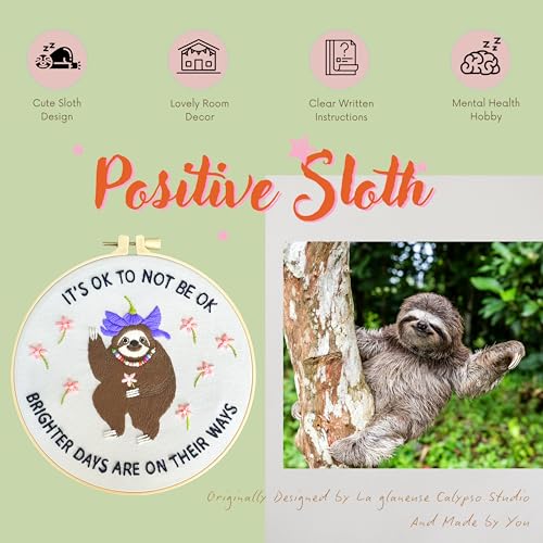 La glaneuse Embroidery Kit for Adult, Beginner Embroidery Kit with Cute and Funny Animal Pattern, Seven Simple Stitches to Get a Positive Sloth, Mental Health and Stress Relief Gift for Him/Her - color: Positive Sloth 03
