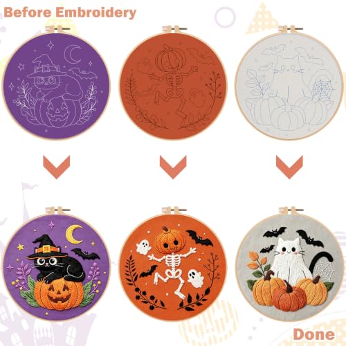 Nuberlic 3 Pack Halloween Embroidery Kit for Beginners - color: Halloween