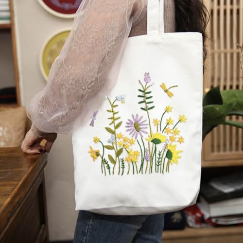 YANGSHINE Canvas Tote Bag Embroidery Kit with Pattern, Cross Stitch Kits for Beginners, Adults Arts Crafts Needlepoint Kit Include Embroidery Bag, Hoop and Instruction (Beige Bag, Daisy and Dragfly) - color: Beige Bag, Daisy and Dragfly