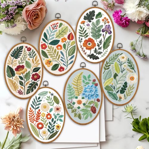 ORIGACH 6 Pack Plants Leaves & Flower Embroidery Kit for Beginners - style: Plants Leaves & Flower