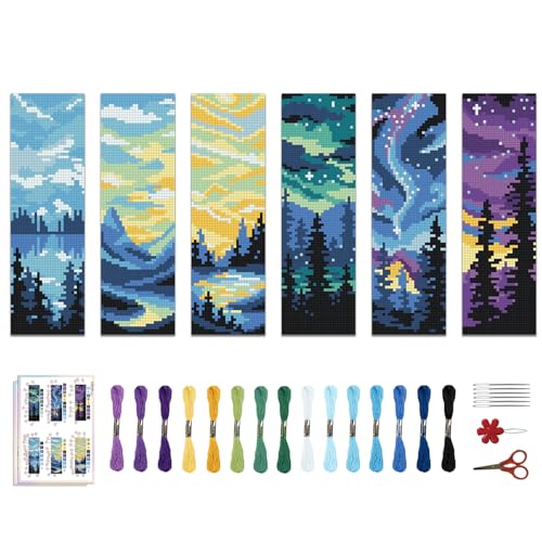 ACRNIGHEET 6PCS Stamped Cross Stitch Bookmark Kits for Beginners Scenery - style: Landscape Patterns 1