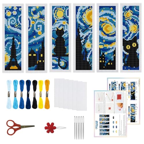 ORIGACH 6 Set Starry Night & Black Cat Cross Stitch Bookmark Kit - style: Starry Night and Black Cat