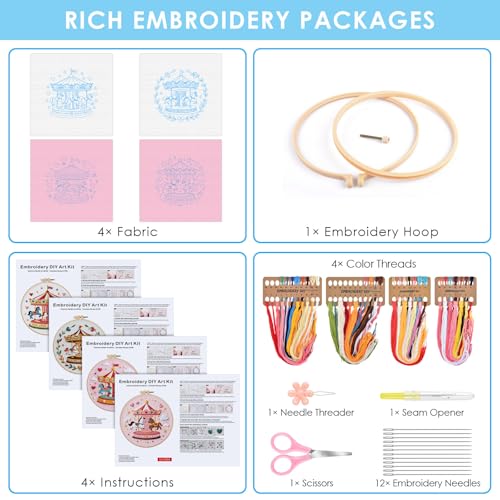 ERKOON 4 Set Embroidery Kit for Beginners, Cross Stitch Set Include Embroidery Cloth Hoops Threads for Craft Lover Hand Stitch with Embroidery Skill Techniques (Carousel) - color: Carousel