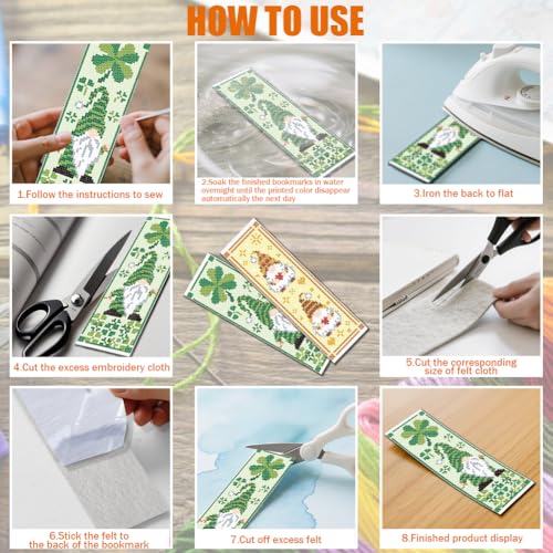 FREEBLOSS 6 Set Cross Stitch Bookmark Kit 8x2.4''11CT St. Patrick Gnome - style: Gnomes