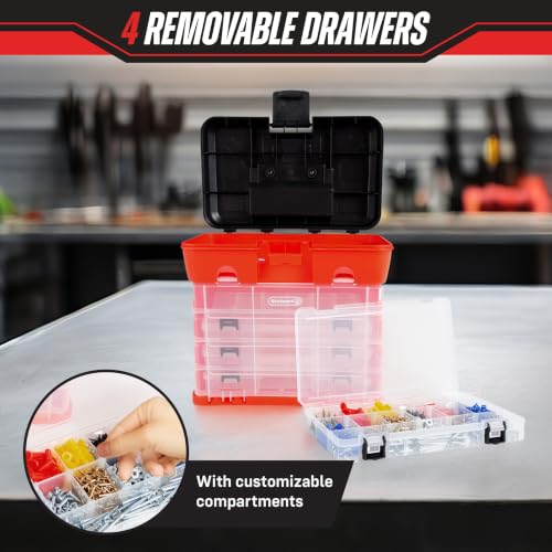 Small Parts Organizer Box - 11-Inch Portable Storage Case with 4 Removable Multi-Compartment Trays for Screws, Beads, Small Fishing Tackle, Hardware, and Craft Supplies by Stalwart (Red) - color: Red