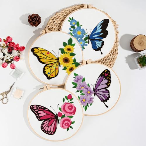 ORIGACH 4 Pack Flowers and Butterfly Embroidery Kits for Beginners, DIY Starter Hand Embroidery Kit with Floral and Butterfly Patterns and Instructions for Adults Women Crafting - color: Flowers and Butterfly