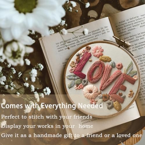 FONNUY I Love You Embroidery Kit for Beginners, Pre-Stamped Pattern Kits, Romantic Anniversary for Women Men, Valentine's Day Gifts Thread Needlework, 8'' Hoop (Love 01) - color: Love 01