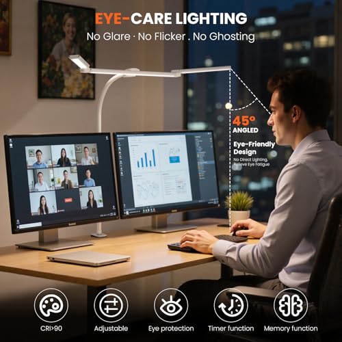 LED Desk Lamp for Office Home, Adjustable 3 Head Desk Light with Adapter - color: White