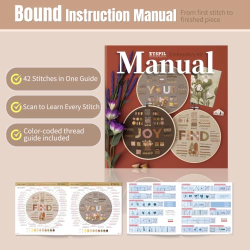 ETSPIL Embroidery Kit for Adults, 42 Stitches, 4K Video, Storage Bag - color: letter E