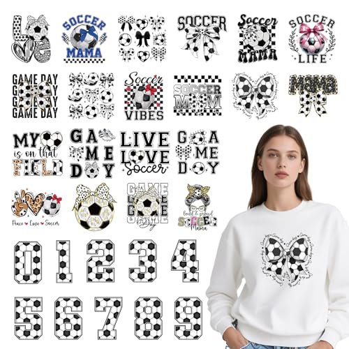 Soccer Iron on Transfers for Tshirts - 30Pcs Dtf Transfers Ready to Press, Soccer Ball Mama Iron on Decals Patches, Sports Game Day Heat Sublimation Stickers for DIY Tshirts Clothing Bags - color: Soccer695
