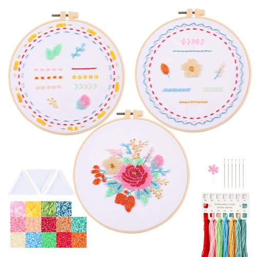Harimau Bead Embroidery Kit for Adults, with Red and Pink Flowers, DIY Kit Includes Embroidery Beads, Thread, Stitch Book & Tambour Tools, Perfect Set for Starters - color: Orange