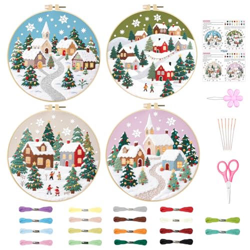 ORIGACH 4 Pcs Christmas Winter Town Embroidery Kit for Beginner - style: Christmas