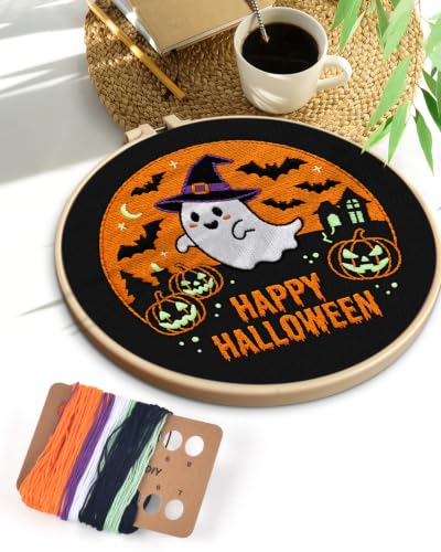 TINDTOP Halloween Embroidery Kit for Adult, Embroidery DIY Starter Kit, with Stamped Patterns, Hoop, Tools, Colorful Threads with Needles, Instructions (Halloween B) - color: Halloween B