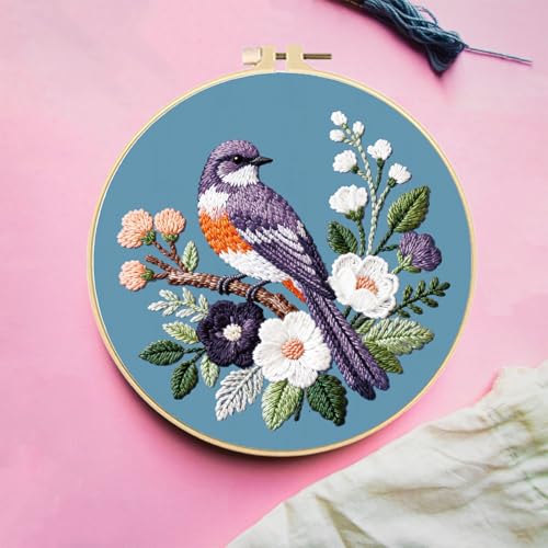 FREEBLOSS 4 Sets Embroidery Kit for Beginners Needlepoint Birds&Wreath Stamped Embroidery Starter Kit with Instructions, Needles, Threads, 2 Hoops 11.6"/29.5CM - style: Bird Wreath