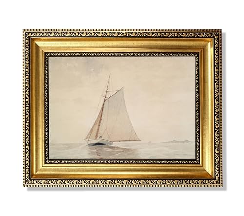 Gold Framed White Sailboat Seascape Wall Art Vintage Coastal Canvas Prints - color: Sailboat Gold Framed, size: 11"L x 9"W