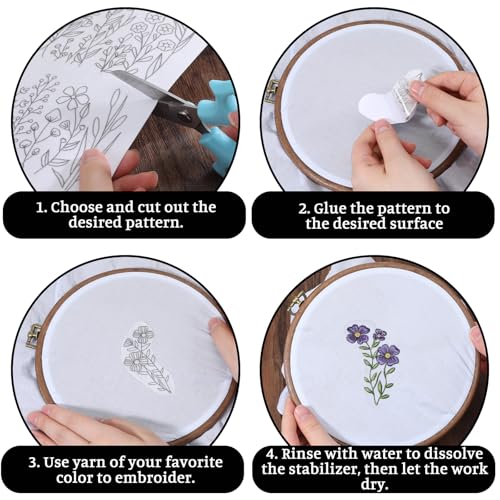 Water Soluble Embroidery Stabilizer, 4 Sheets Water Soluble Stabilizer for Embroidery Patterns Stick and Stitch Embroidery-Paper Designs Transfer Paper with Pre-Printed Flower Leave for Hand Sewing