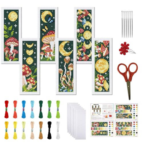 FREEBLOSS 6 Set Cross Stitch Bookmark Kit Stamped Cross Stitch Kit Mushroom Bush Embroidery Set with Instruction for Adults 8''*2.4'' - style: Mashroon Moon